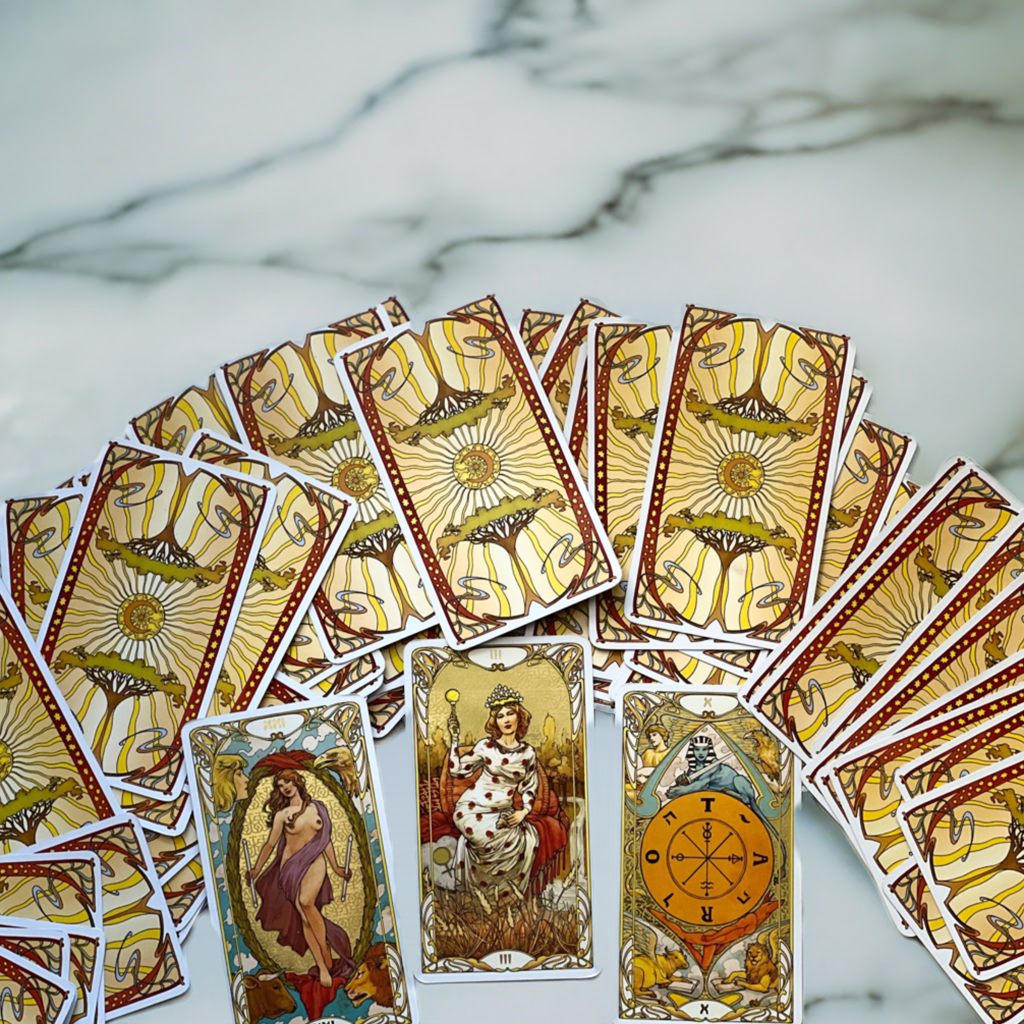 A tarot card featuring an intuitive reading with symbolic imagery